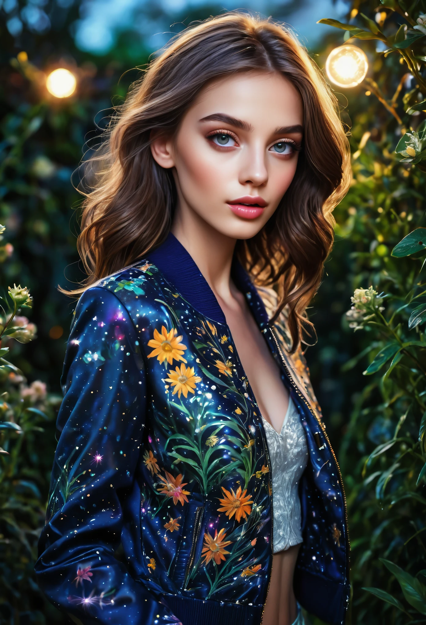 (best quality, highres, realistic:1.37), detailed portrait, girl in a garden, beautiful detailed eyes, beautiful detailed lips, long eyelashes, fashionable clothing, confident and elegant posture, unique catwalk style, starry night pattern on the jacket, vibrant colors, rich textures, soft and glowing lighting, runway atmosphere