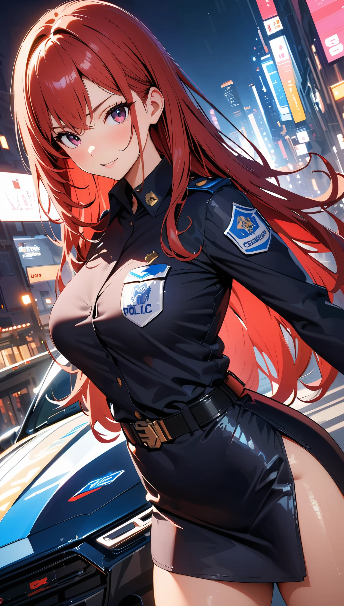 Anime girl in uniform posing in the street with police car - SeaArt AI