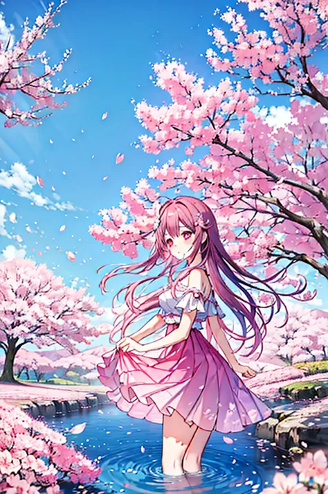 cherry blossoms、Wind景、peacefulness、stylish、sun、Gradation、Light、color、Wave、hills、abstract、detailed、delicate、petal、Wind、pink、blue、...