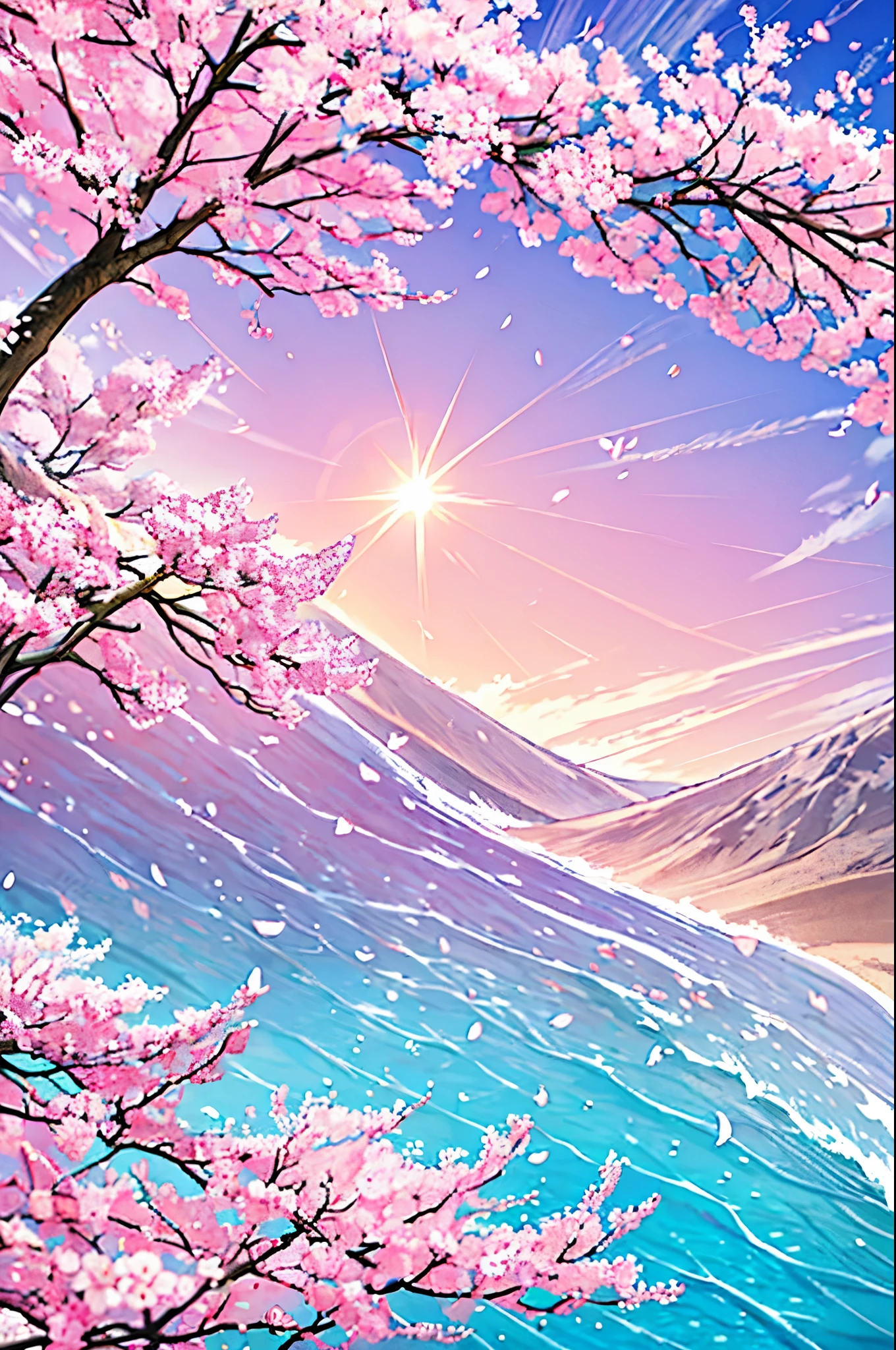 cherry blossoms、Wind景、peacefulness、stylish、sun、Gradation、Light、color、Wave、hills、abstract、detailed、delicate、petal、Wind、pink、blue、purple、Calm、fantasy