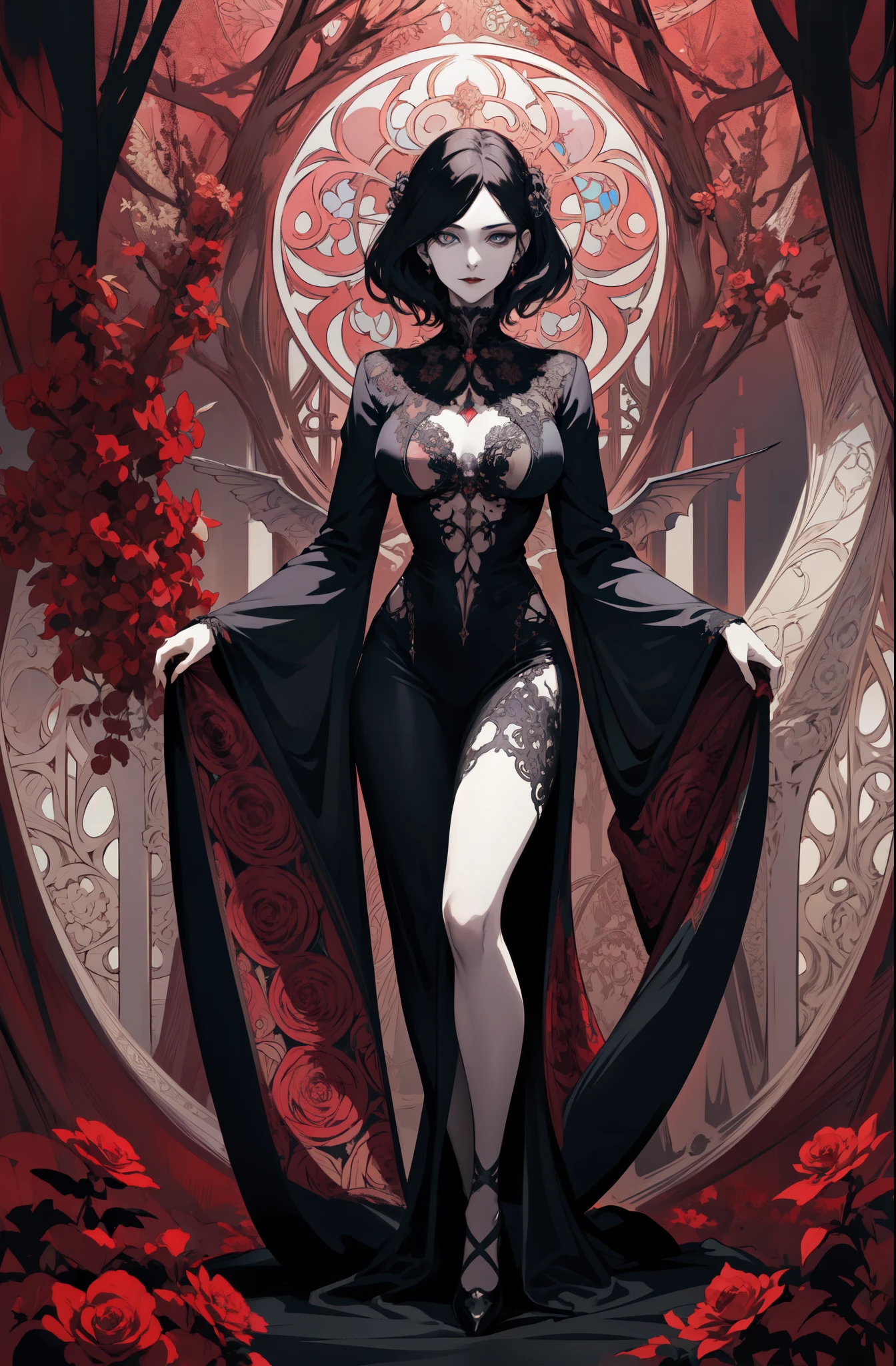 
Basic Art Nouveau style, A Vampire woman tarot card with, woman, perfect face, young, (((Oval face))), dark clothes, Soft and melancholy face, exquisite, No wrinkles, gothic style, Perfect for detailed eyes and face, black hair and blue eyes vampire woman, short hair, A mix of synthwave and art nouveau, Bold and smooth lines, Dynamic composition mixed with organic Art Nouveau patterns, Intricate roses and patterns intertwined with geometric shapes, Characters that embody vampires，With a mysterious and gothic atmosphere, commanding yet serene expression, Robe with Art Nouveau pattern, Digital grid landscape featuring natural forms, The neon-like outline effect is reminiscent of stained glass, White background, high contrast，Easy to color, Visual clarity, French Art Nouveau, 80's Vaporwave art style. maximalist details,