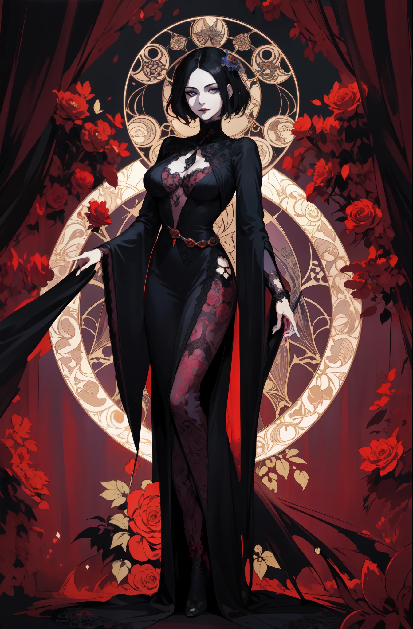 
Basic Art Nouveau style, A Vampire woman tarot card with, woman, perfect face, young, (((Oval face))), dark clothes, Soft and melancholy face, exquisite, No wrinkles, gothic style, Perfect for detailed eyes and face, black hair and blue eyes vampire woman, short hair, A mix of synthwave and art nouveau, Bold and smooth lines, Dynamic composition mixed with organic Art Nouveau patterns, Intricate roses and patterns intertwined with geometric shapes, Characters that embody vampires，With a mysterious and gothic atmosphere, commanding yet serene expression, Robe with Art Nouveau pattern, Digital grid landscape featuring natural forms, The neon-like outline effect is reminiscent of stained glass, White background, high contrast，Easy to color, Visual clarity, French Art Nouveau, 80's Vaporwave art style. maximalist details,