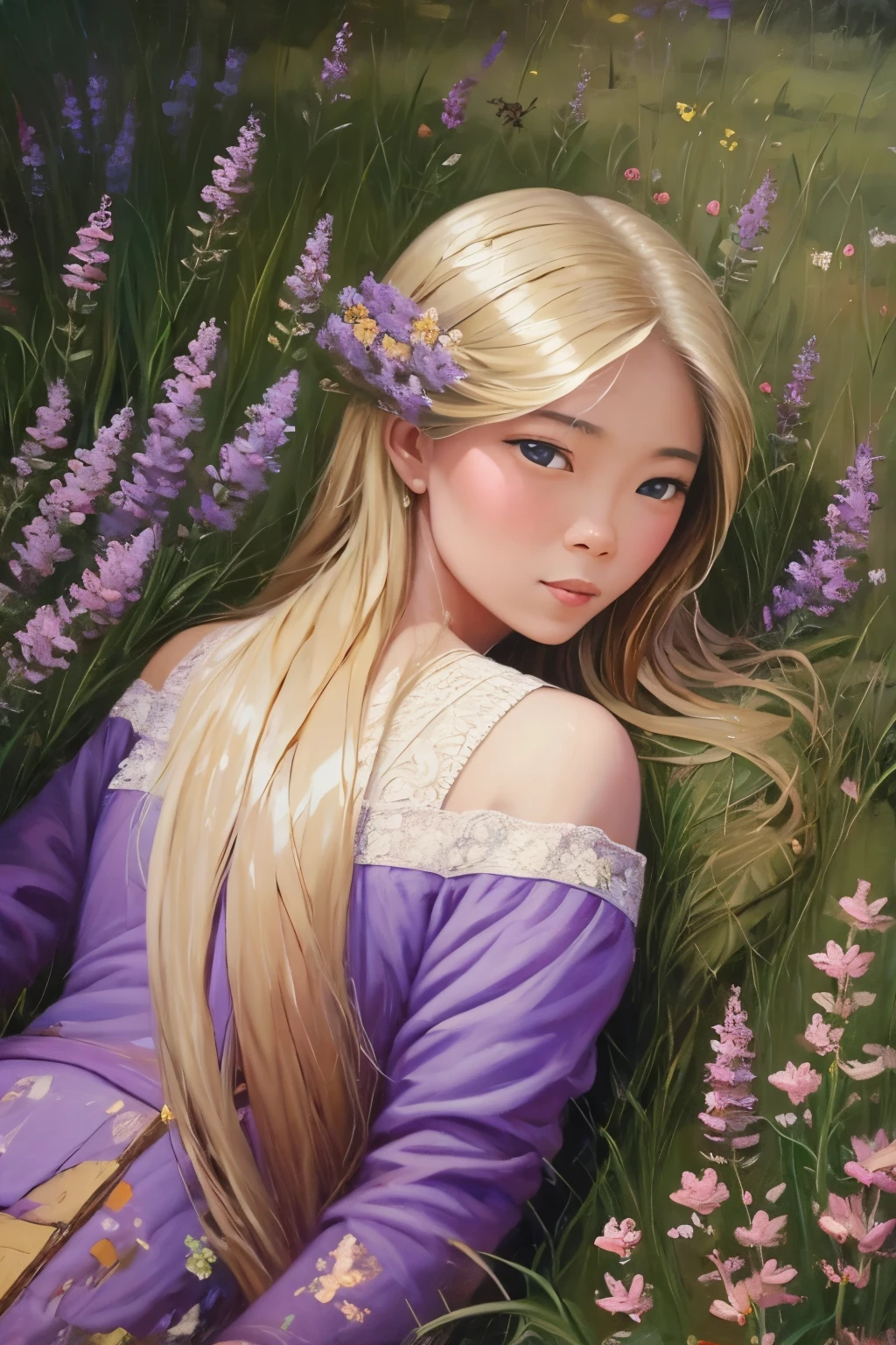 (peinture à l&#39;huile:1.5), \\ une femme asiatique aux longs cheveux blonds et aux fleurs de lavande dans ses cheveux est allongée dans un champ de fleurs violettes, (Amy Sol:0.248), (Stanley Artgerm Lau:0.106), (une peinture détaillée:0.353), (Art gothique:0.106)