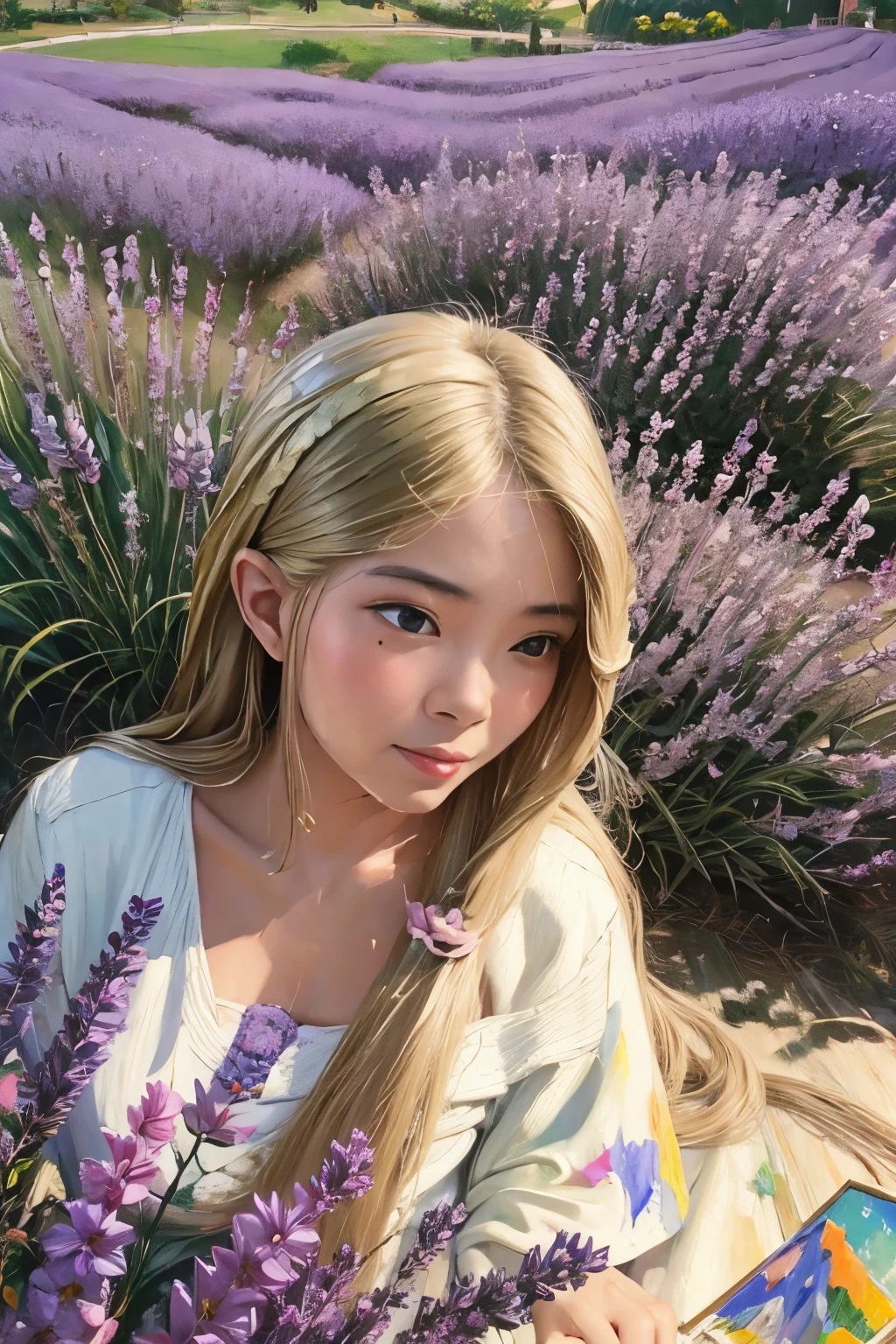 (peinture à l&#39;huile:1.5), \\ une femme asiatique aux longs cheveux blonds et aux fleurs de lavande dans ses cheveux est allongée dans un champ de fleurs violettes, (Amy Sol:0.248), (Stanley Artgerm Lau:0.106), (une peinture détaillée:0.353), (Art gothique:0.106)