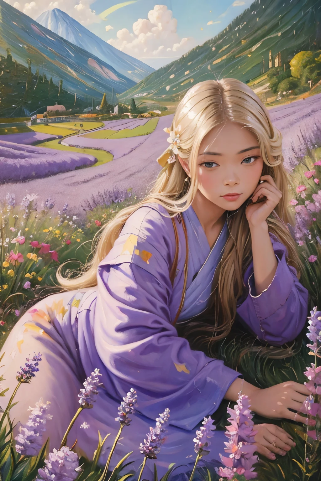 (peinture à l&#39;huile:1.5), \\ une femme asiatique aux longs cheveux blonds et aux fleurs de lavande dans ses cheveux est allongée dans un champ de fleurs violettes, (Amy Sol:0.248), (Stanley Artgerm Lau:0.106), (une peinture détaillée:0.353), (Art gothique:0.106)