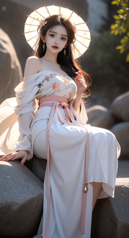 hanfu-song, hanfu, Song Theme, Bandeau style, Pipe top, ((bare shoulders)), ((whole body)), actual, Fashion girl, red lips, adult, cosmetics, big eyes, fair eyes, ((whole body)), ((from below)), (best quality, masterpiece:1.2), super detailed, (actual:1.37), ((Sexy long legs)), fair, young and energetic, Charming model with (exquisite eyes, delicate lips, extremely exquisite eyes), Show a bright smile, Create stunning girl images, Warm colors, Extremely high color saturation, official art, Extremely detailed CG unified 8K wallpaper,(high dynamic range :1.4), (cinematic),(pastel colors, The color is dull, soothing tone :1.3), (natural skin texture, ultra-actual, soft light, sharp),(Very detailed), night, moonlight, ((in mountains, plant, Leaning against the rocks))