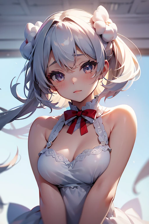 1girl,solo,retina,masterpiece, Awards, high quality, High resolution, HD, 4K,8K,high quality, rough skin,breast focus,(large breasts:1.3),faint smile,oily skin,underside of breasts,(mochi shaped breasts:1.2),(closeup upperbody:1.5),white clothe,baby face,(short height,petite:1.4),camisole,(Symmetric posing:1.3),(mochi shaped breasts:1.2)