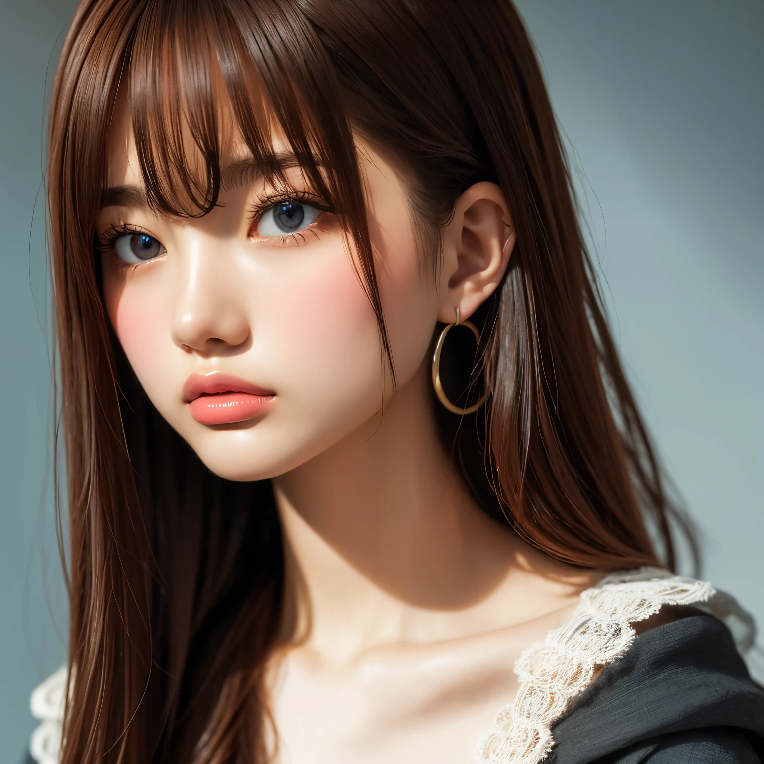 pale-blue，Curly hair，double eyelid，Straight nose，B-chest，clavicle，Round earrings，Dark background，Realistic reality，ultra high resolution，1;1 