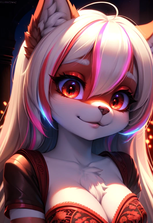 furry, white fur, ultra cute face,ultra long eyelashes, red elements on fur, glowing t-shrt, beautiful lights and shadows, ambient light, ultra detailed fur, ,neon highlights, chiaroscuro, masterpiece, epic, ultra HD, intricate