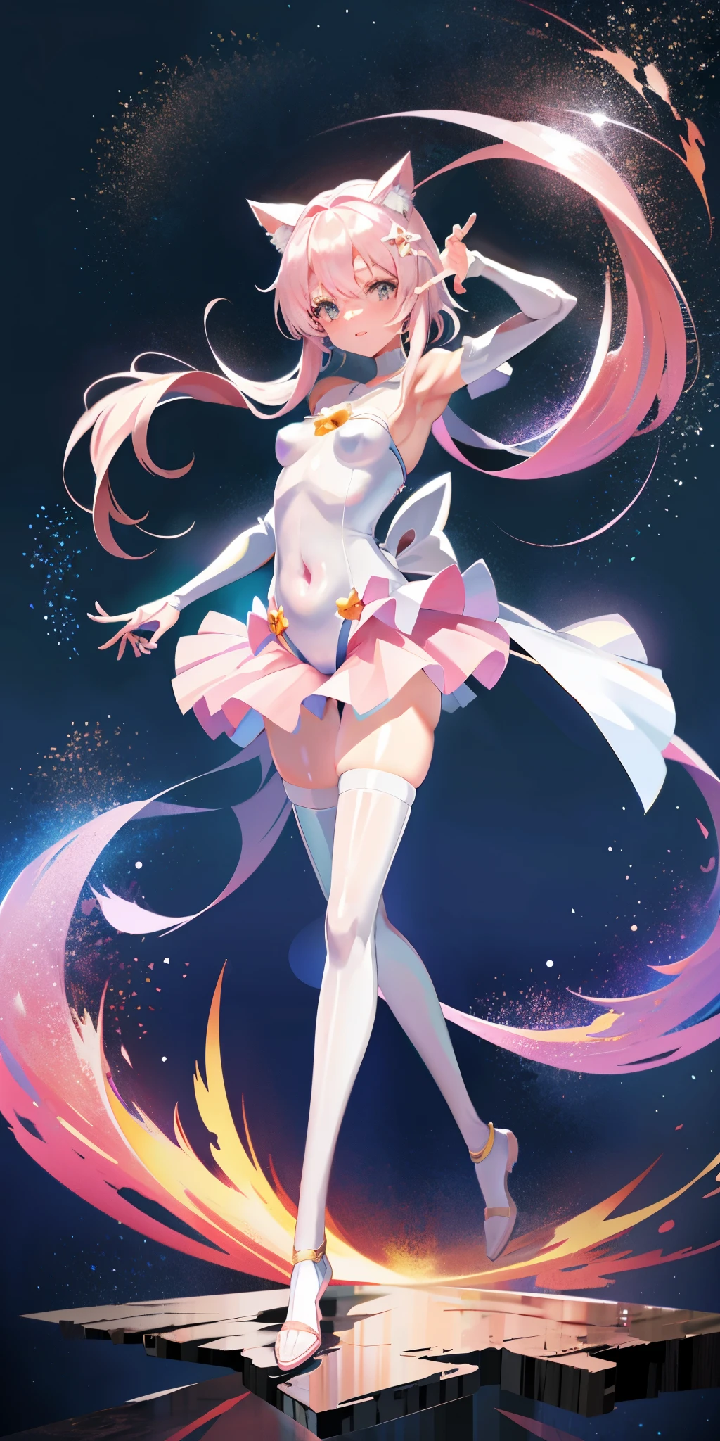 Anime star fille magique, sparkling fille magique, portrait of the fille magique, beau mage céleste, Fleurs de cerisier rose pâle，déesse animée, Décoration d&#39;arc，fille magique, （Cheveux blancs comme neige），（Deux oreilles de chat）, (Coloré), capricieux, charmant, Petits seins，nombril ouvert，cuisses nues，Orteil de chameau，tout le corps