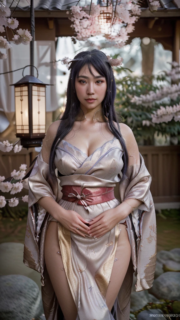 A hot woman in a shimmery gown, with the Raiden Shogun theme.
(best quality,4k,8k,highres,masterpiece:1.2), ultra-detailed, (realistic,photorealistic,photo-realistic:1.37), HDR, UHD, studio lighting, ultra-fine painting, sharp focus, physically-based rendering, extreme detail description, professional, vivid colors, bokeh, portraits, beautiful detailed eyes, beautiful detailed lips, extremely detailed eyes and face, long eyelashes, shimmering gown, empowered pose, elegant atmosphere, traditional Japanese architecture, cherry blossom trees, glowing lanterns, golden accents, flowing fabric, surreal lighting.