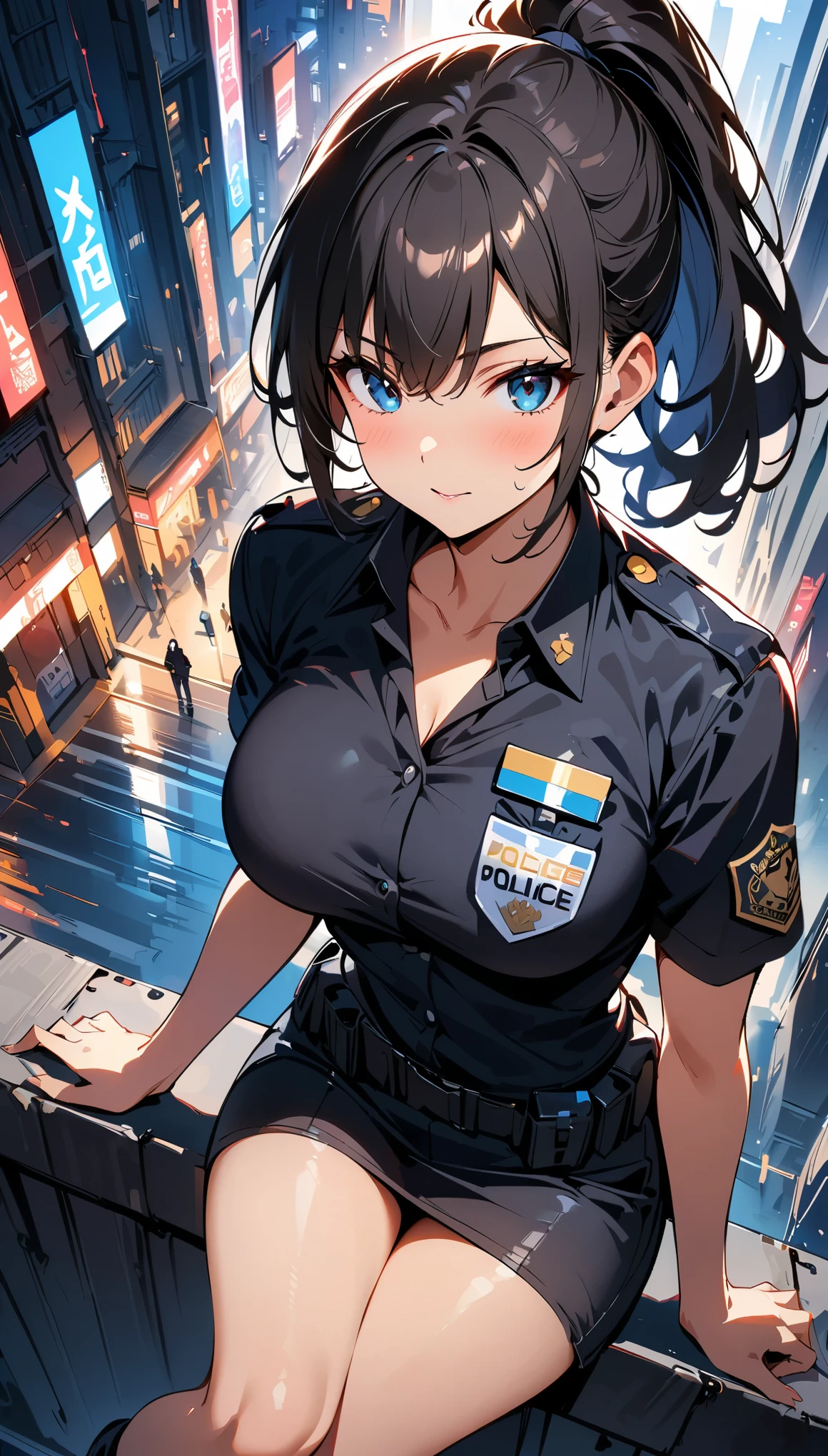 Anime girl in police uniform sitting on ledge in city - SeaArt AI