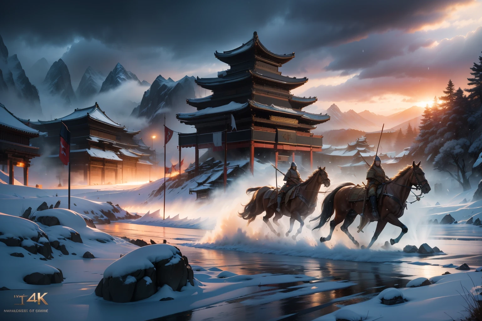 (best quality,4k,8k,highres,masterpiece:1.2),ultra-detailed,realistic,nighttime,heavy snowstorm,winter,group of people,ancient soldiers,bonfire,long spears,sharp knives,weapons,flags,horses,smoke,Mont',bokeh,stormy atmosphere,fierce expressions,cold breath,vivid colors,starlit sky,howling wind,armor,bravery,warrior spirit,action,adventure,powerful battle scene,nostalgic touch