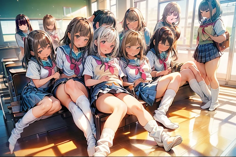 nswf:1.3,(masterpiece: 1.2, highest quality, masterpiece, Clearer images), (bright colors), ((Take clear photos even from a distance)), (multiple girls), (harem), (School classmates), (((All school uniforms have the same design))), (((Everyone is wearing the same dark blue skirt))), ((18-year-old)), ((prostitution woman)), (Prostitution Accommodation), (cute Japanese((6 girls))), (((infant&#39;face))), ((group shot)), (group selfie), ((buttocks visible from thighs))、 (Full body diagram from head to toe), front, frontComposition from slightly below, symmetry, 18-year-oldの背の高い女の子, alone, (whole body from head to toe),wide angle, soft light, ((((laugh with your mouth wide open)))), (normal size breasts), ((prostitution)), (lure), ((viewers love it)), (((A lot of hearts are flying))), landscape、((((spread legs:1.5)))、((female masturbation:1.8))、((Chest grab:1.3)),(((good lift:1.4)))、(((show something good:1.5)))、(skirt lift:1.3) 、closed one eye、stick one out&#39;&#39;s crotch、((youth))、((((Knee-length white loose socks))))、(((classroom)))、(((sitting on the desk)))