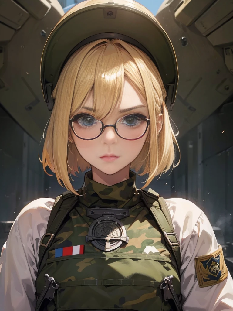 20 year old female、shiny hair quality、Beautiful Blonde Hair、bob hair、Glasses、Glasses Beauty、military、Forefront、battlefield、Camouflage、fierce battle、bio、painful face、sweaty、perfect skeleton