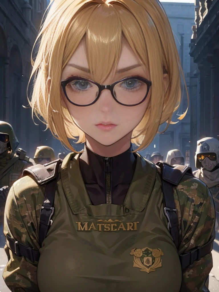 20 year old female、shiny hair quality、Beautiful Blonde Hair、bob hair、Glasses、Glasses Beauty、military、Forefront、battlefield、Camouflage、fierce battle、bio、painful face、sweaty、perfect skeleton