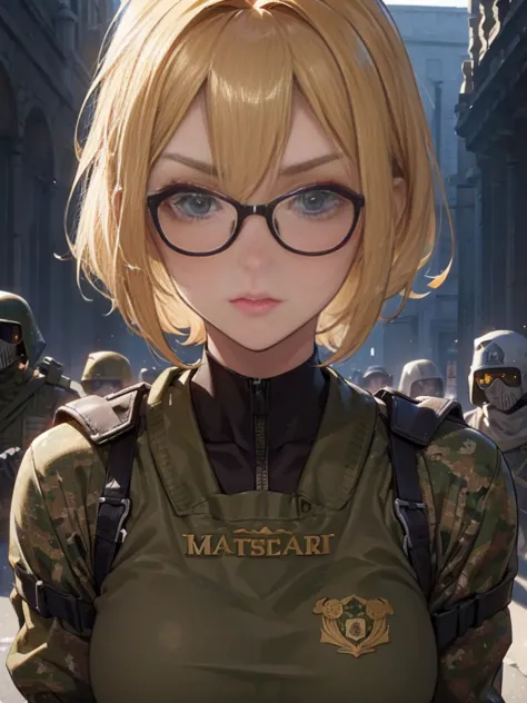 20 year old female、shiny hair quality、Beautiful Blonde Hair、bob hair、Glasses、Glasses美人、military、Forefront、battlefield、Camouflage...