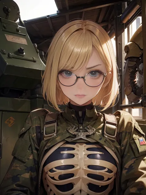 20 year old female、shiny hair quality、Beautiful Blonde Hair、bob hair、Glasses、Glasses美人、military、Forefront、battlefield、Camouflage...