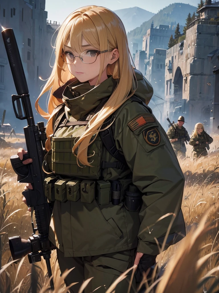 20 year old female、shiny hair quality、Beautiful Blonde Hair、straight hair、long hair、Glasses、Glasses美人、military、battlefieldを駆け抜ける、Sniper holding a rifle、Forefront、battlefield、Camouflage、fierce battle、war、painful face、sweaty、perfect skeleton