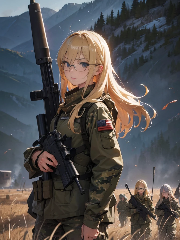 20 year old female、shiny hair quality、Beautiful Blonde Hair、straight hair、long hair、Glasses、Glasses Beauty、military、Run through the battlefield、Sniper holding a rifle、Forefront、battlefield、Camouflage、fierce battle、bio、painful face、sweaty、perfect skeleton