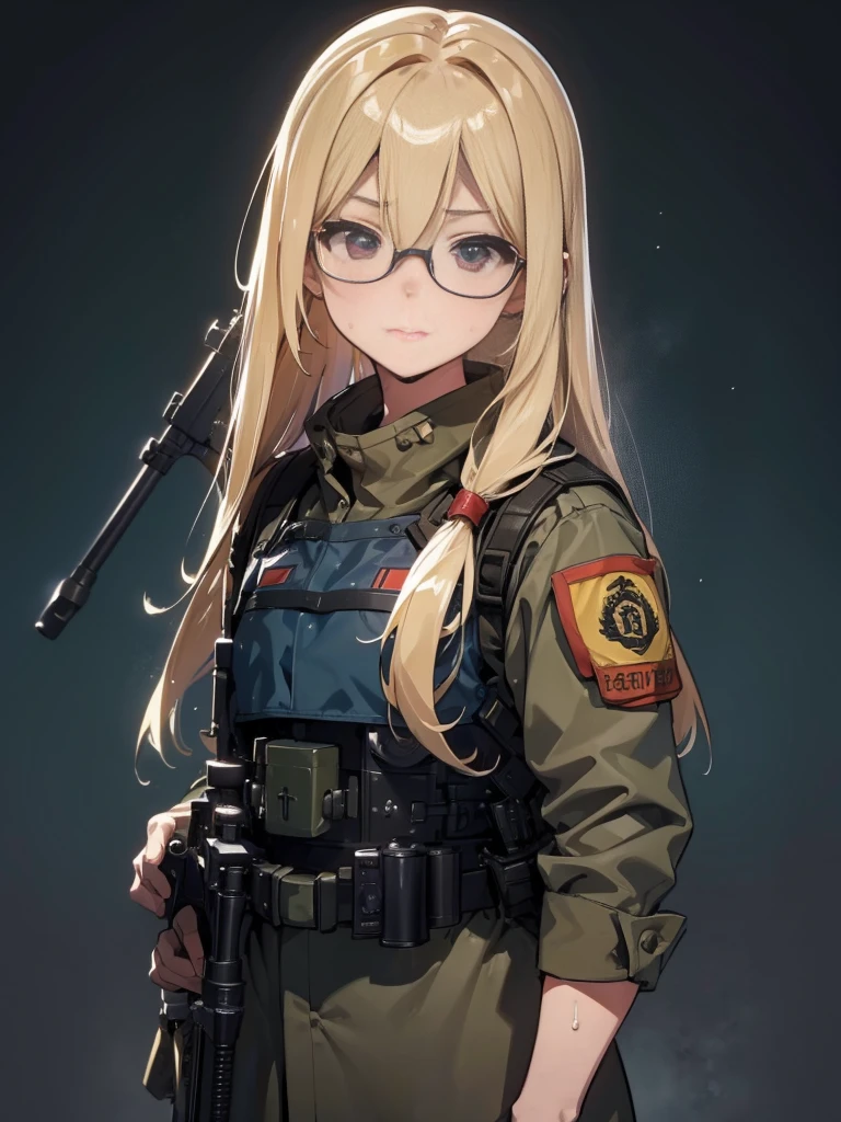 20 year old female、shiny hair quality、Beautiful Blonde Hair、straight hair、long hair、Glasses、Glasses Beauty、military、Run through the battlefield、Sniper with anti-tank rifle、Forefront、battlefield、uniform、Camouflage、fierce battle、Beautiful superior、Battlefield Goddess、painful face、sweaty、perfect skeleton