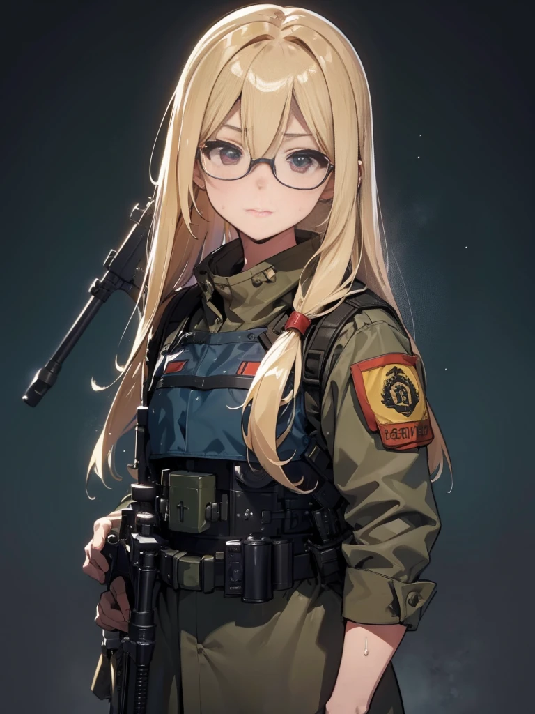 20 year old female、shiny hair quality、Beautiful Blonde Hair、straight hair、long hair、Glasses、Glasses美人、military、battlefieldを駆け抜ける、Sniper with anti-tank rifle、Forefront、battlefield、uniform、Camouflage、fierce battle、Beautiful superior、battlefieldの女神、painful face、sweaty、perfect skeleton