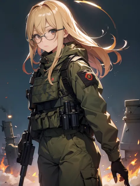 20 year old female、shiny hair quality、Beautiful Blonde Hair、straight hair、long hair、Glasses、Glasses美人、military、battlefieldを駆け抜ける...