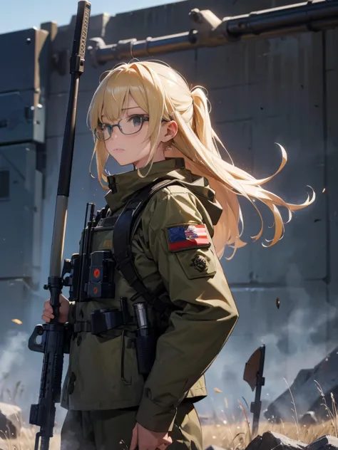 20 year old female、shiny hair quality、Beautiful Blonde Hair、straight hair、long hair、Glasses、Glasses美人、military、battlefieldを駆け抜ける...