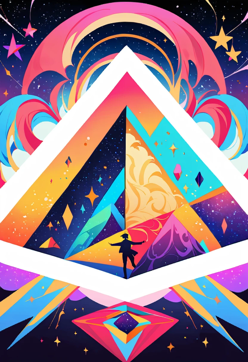 Huge triangle，Magnificent cosmic starry sky background，Intricate illustration in surreal art style，surreal dream，Dubrec style，Transparent geometric shape close-up，（multiple exposure：1.8），