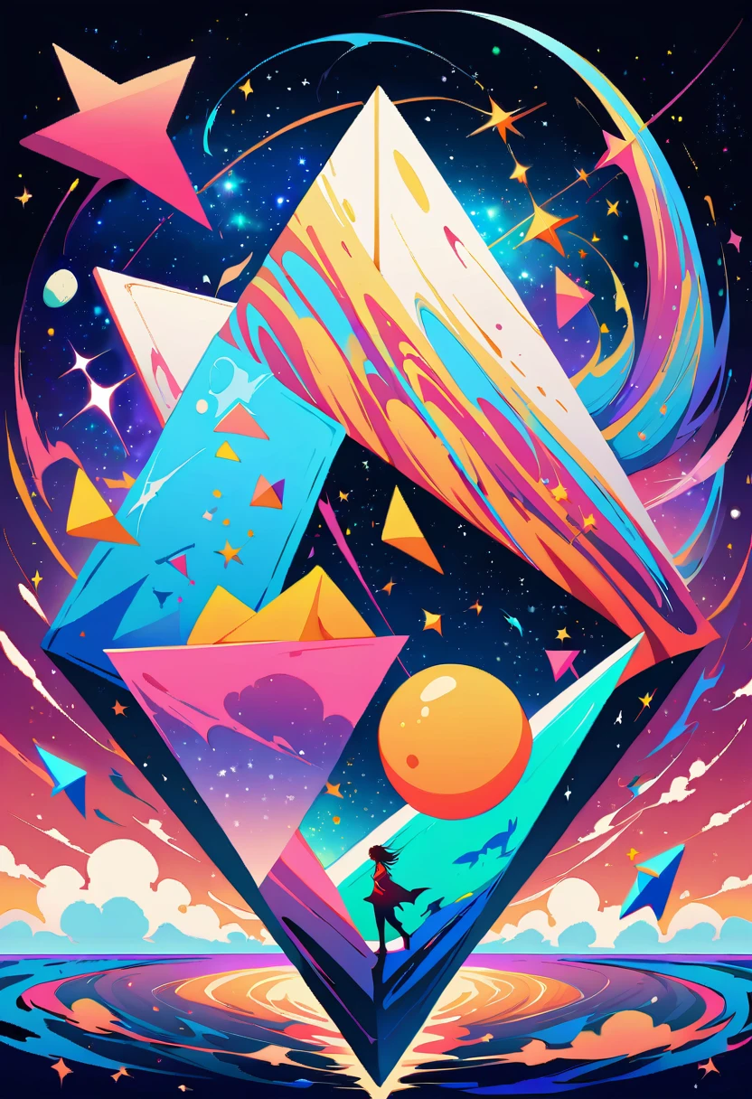 Huge triangle，Magnificent cosmic starry sky background，Intricate illustration in surreal art style，surreal dream，Dubrec style，Transparent geometric shape close-up，（multiple exposure：1.8），