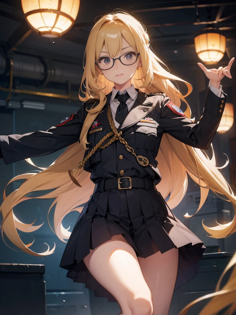 20 year old female、shiny hair quality、Beautiful Blonde Hair、straight hair、super long hair、Glasses、Glasses Beauty、military、Battlefield Goddess、Forefront、battlefield、uniform、skirt、high heels、Beautiful superior、painful face、sweaty、perfect skeleton