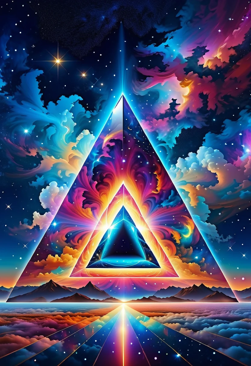 Huge triangle，Magnificent cosmic starry sky background，Intricate illustration in surreal art style，surreal dream，Dubrec style，Transparent geometric shape close-up，（multiple exposure：1.8），