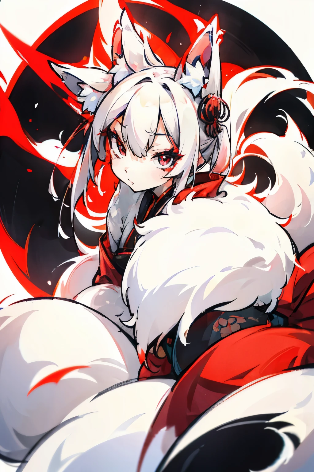 kitsune girl, fox ears, fluffy tail, nine tails, Kimono, red eyes, white hair, look at you, domination face, 