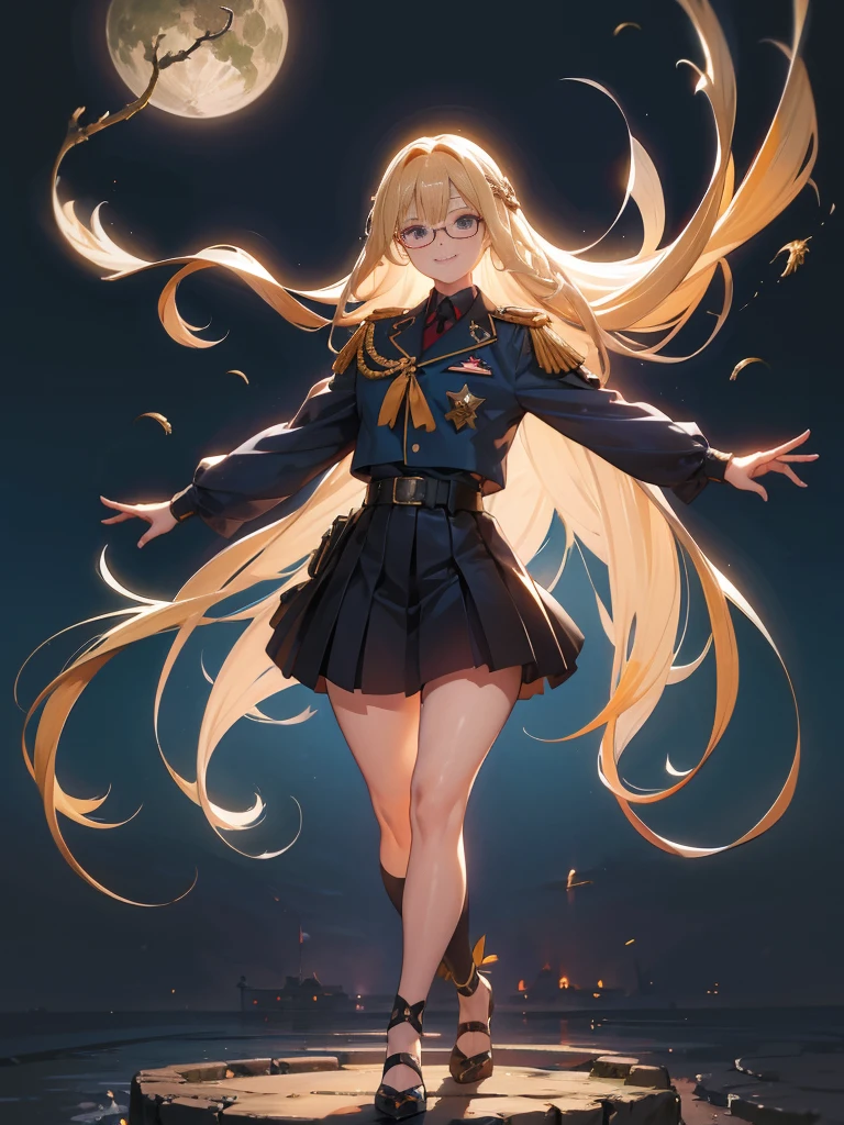 20 year old female、shiny hair quality、Beautiful Blonde Hair、straight hair、super long hair、Glasses、Glasses美人、military、battlefieldの女神、Forefront、battlefield、uniform、skirt、high heels、Beautiful Commander、smile、beautiful feet、beautiful thighs、perfect skeleton