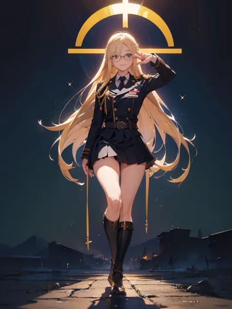 20 year old female、shiny hair quality、Beautiful Blonde Hair、straight hair、super long hair、Glasses、Glasses美人、military、battlefield...