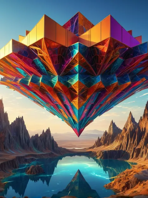 (Giant Geometric Shape), a massive, looming geometric form, highly stylized and abstract, large-scale surreal landscape, otherwo...