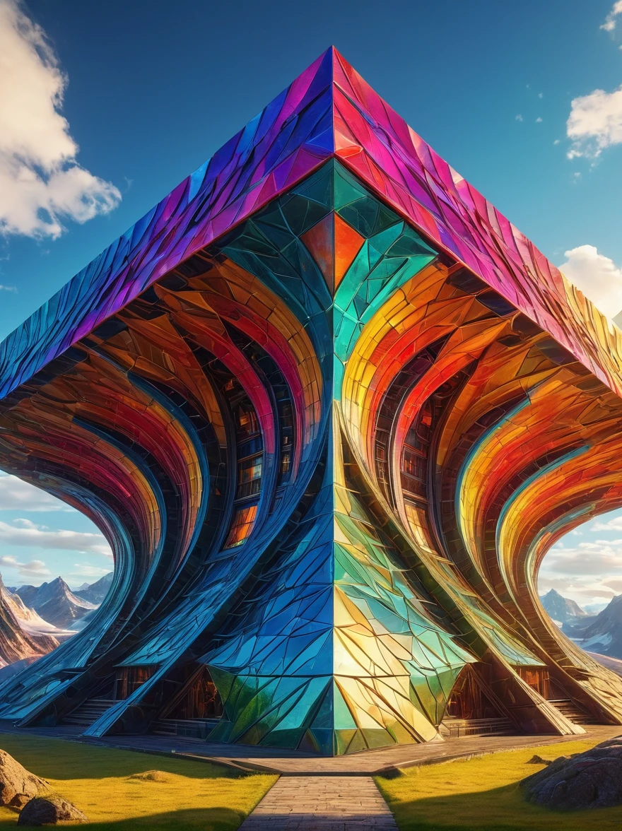 (Giant Geometric Shape), a massive, looming geometric form, highly stylized and abstract, large-scale surreal landscape, otherworldly architectural structure, intricate fractal patterns, dramatic lighting, vibrant colors, (best quality,8k,highres,masterpiece:1.2),ultra-detailed,HDR,UHD,studio lighting,ultra-fine detail,sharp focus,physically-based rendering,professional,vivid colors,concept art