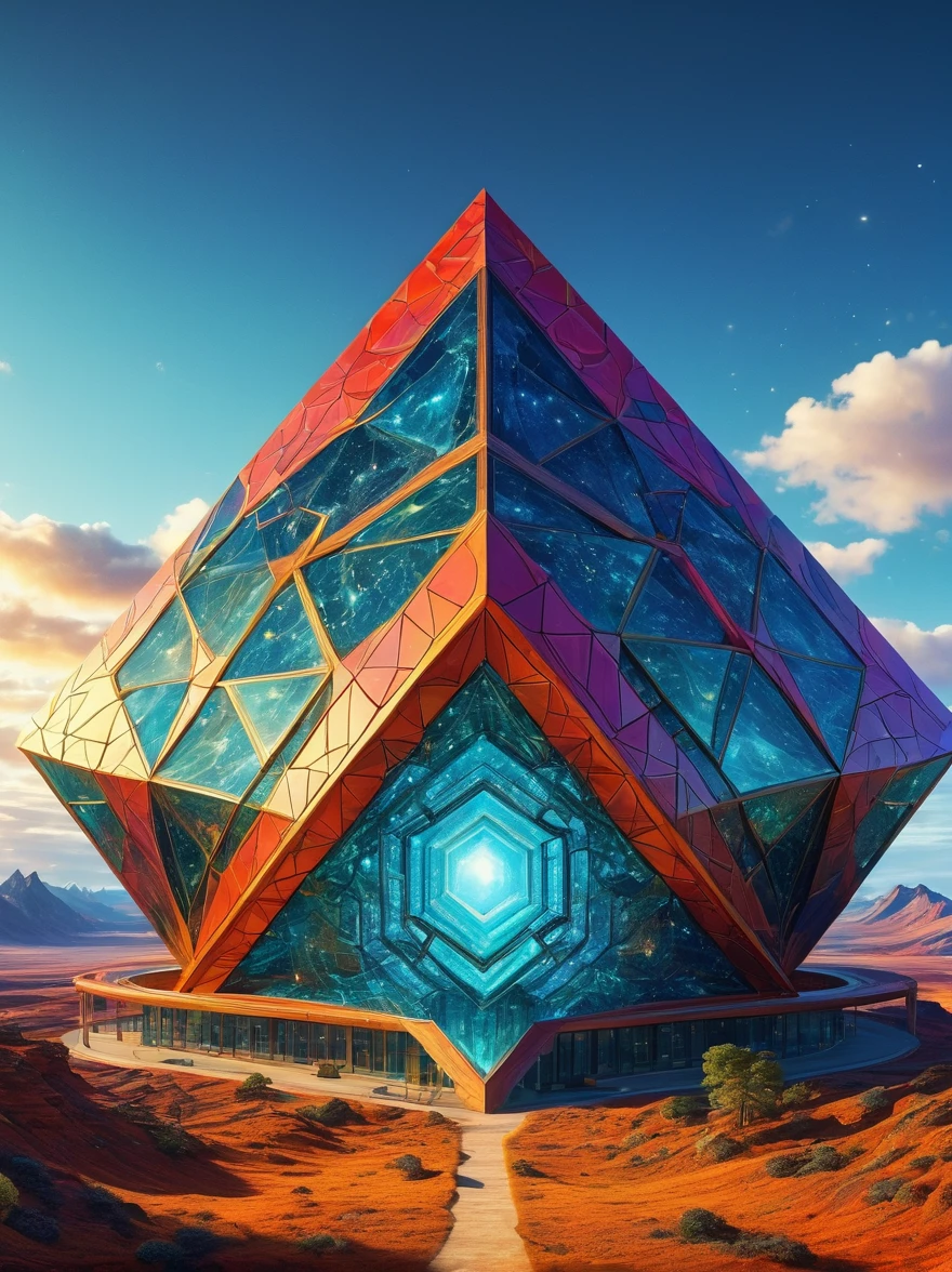 (Giant Geometric Shape), a massive, looming geometric form, highly stylized and abstract, large-scale surreal landscape, otherworldly architectural structure, intricate fractal patterns, dramatic lighting, vibrant colors, (best quality,8k,highres,masterpiece:1.2),ultra-detailed,HDR,UHD,studio lighting,ultra-fine detail,sharp focus,physically-based rendering,professional,vivid colors,concept art