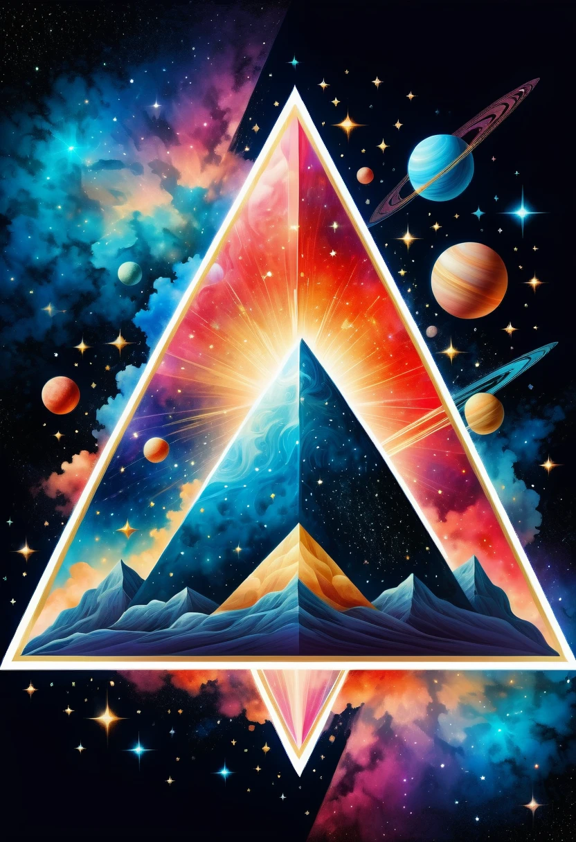 Huge triangle，Magnificent cosmic starry sky background，Intricate illustration in surreal art style，surreal dream，Dubrec style，Transparent geometric shape close-up，（multiple exposure：1.8），