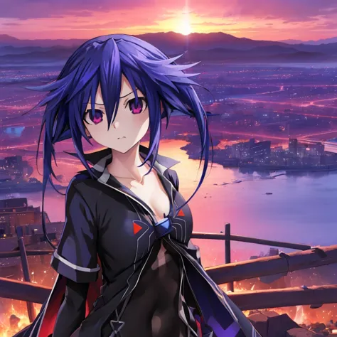 1girl, kurome ankokuboshi, neptunia, zerodimension, anime, blue hair, black clothes, pose, ruined city, purple and red sky.