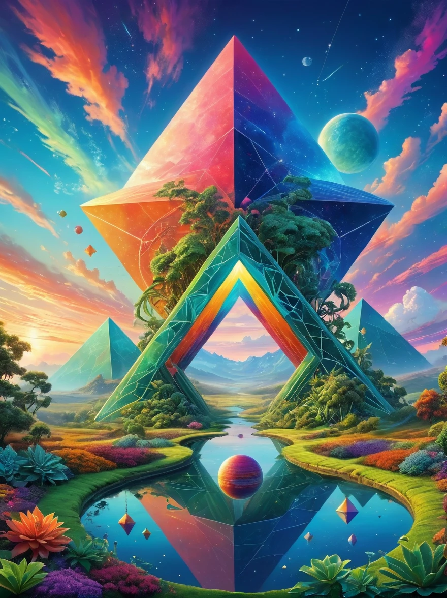 A vast alien Giant Geometric Shape landscape，Plants and organisms are made up of intertwining geometric shapes., Suggesting a reality governed by different mathematical principles. Colorful sky