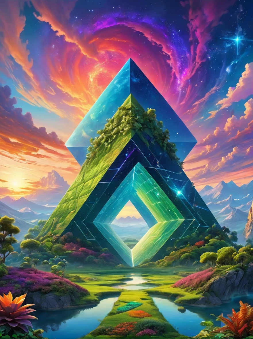 A vast alien Giant Geometric Shape landscape，Plants and organisms are made up of intertwining geometric shapes., Suggesting a reality governed by different mathematical principles. Colorful sky