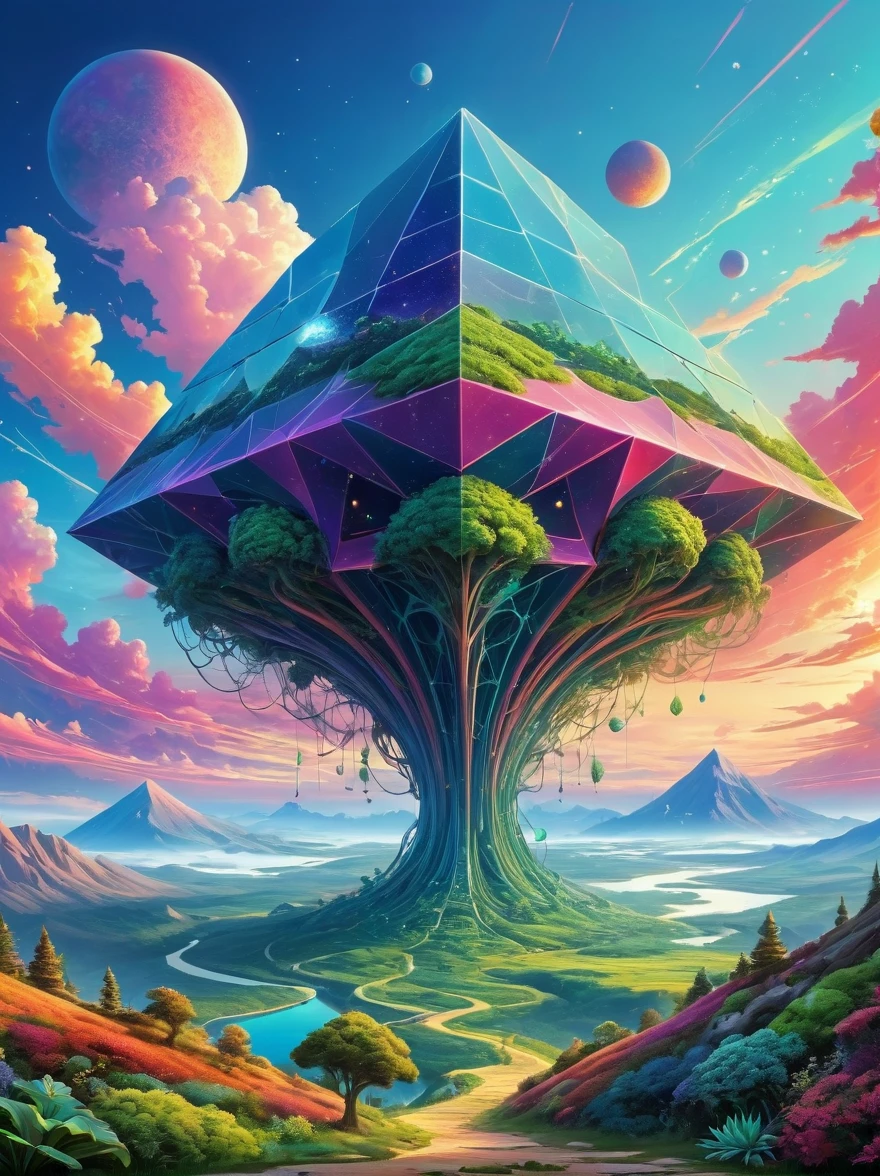 A vast alien Giant Geometric Shape landscape，Plants and organisms are made up of intertwining geometric shapes., Suggesting a reality governed by different mathematical principles. Colorful sky