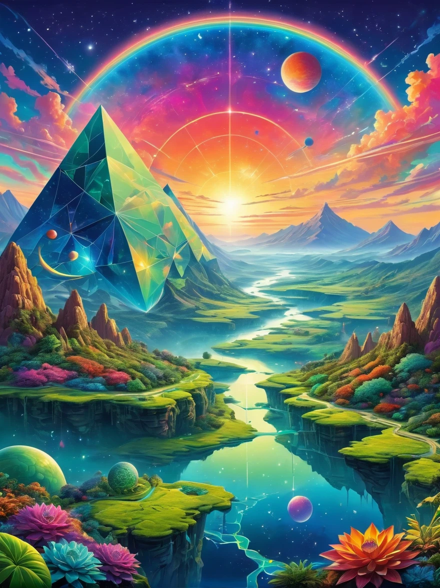 A vast alien Giant Geometric Shape landscape，Plants and organisms are made up of intertwining geometric shapes., Suggesting a reality governed by different mathematical principles. Colorful sky