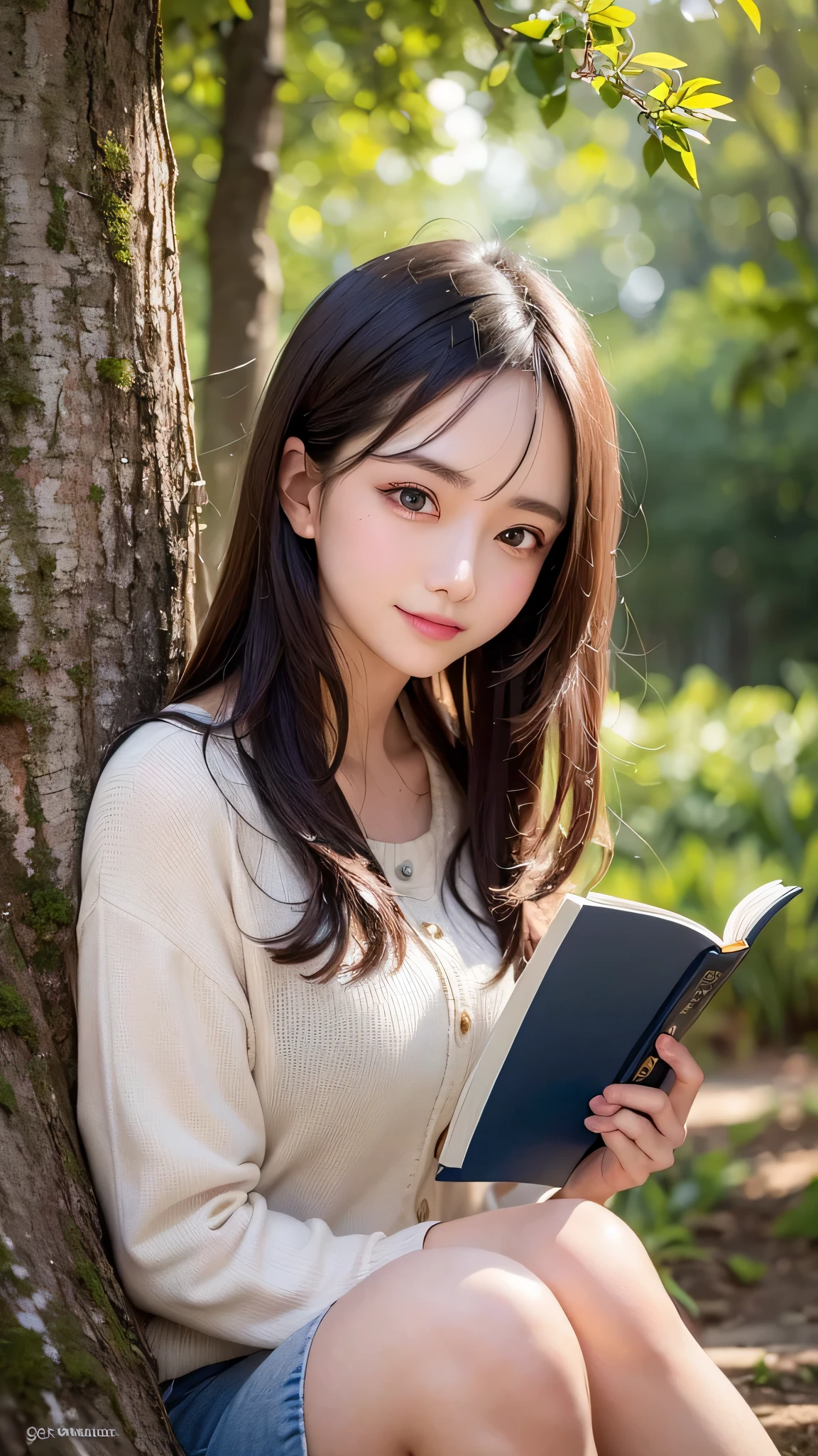 masterpiece, highest quality, Super detailed), Portrait of an 18 year old woman with light brown hair, curly green eyes, Smiling blue shorts in a beige blouse and blue jeans are singing from under the tree。 (Leaning against a tree) And reading brown books - very realistic --  