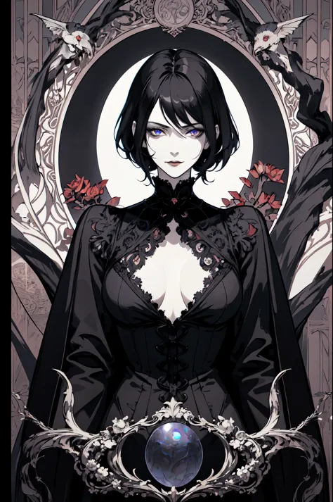 Basic Art Nouveau style，Black hair blue eyes vampire woman，short hair，（upper body portrait），young，(((oval face)))，dark clothes，Soft and melancholy face，Exquisite，No wrinkles，gothic style，A mix of synthwave and art nouveau，Bold and smooth lines，Dynamic comp...