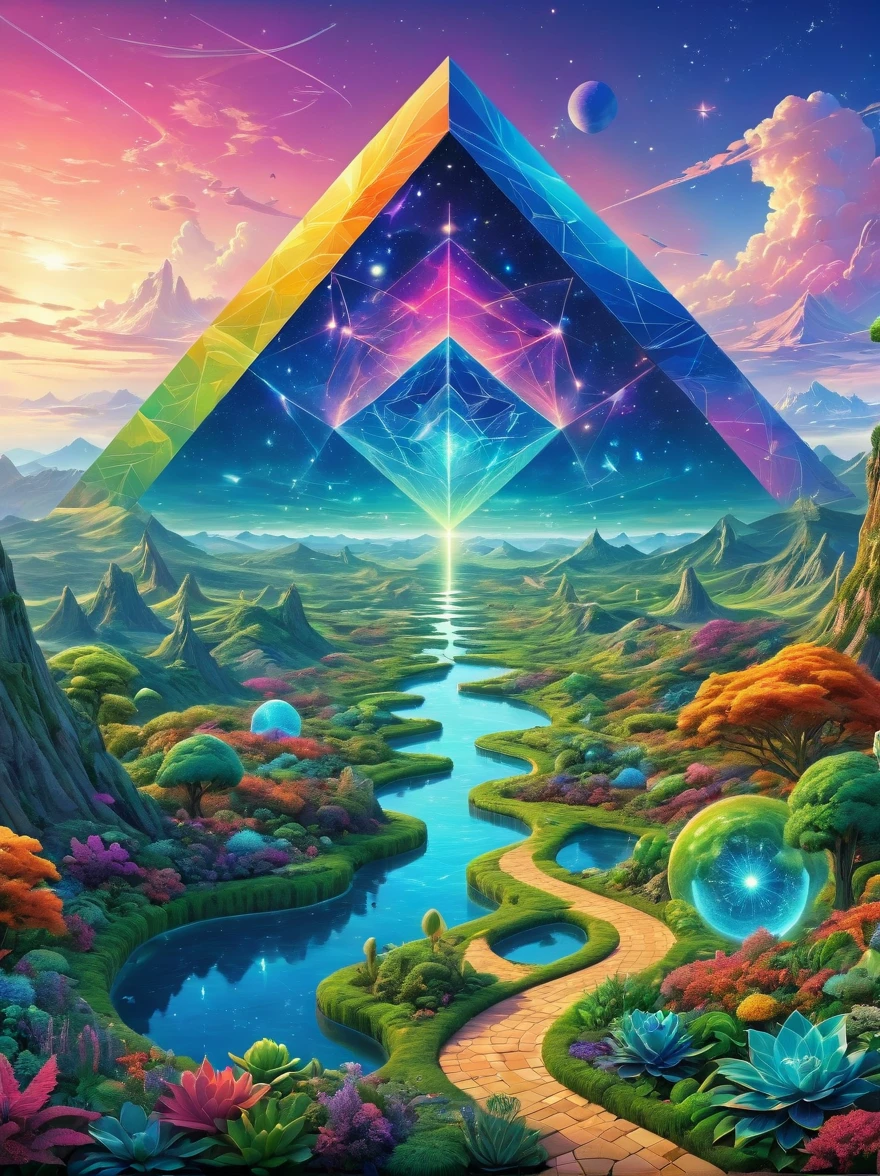 A vast alien Giant Geometric Shape landscape, where plants and creatures are composed of interlocking geometric shapes, suggesting a reality governed by different mathematical principles. The sky is brilliantly colored