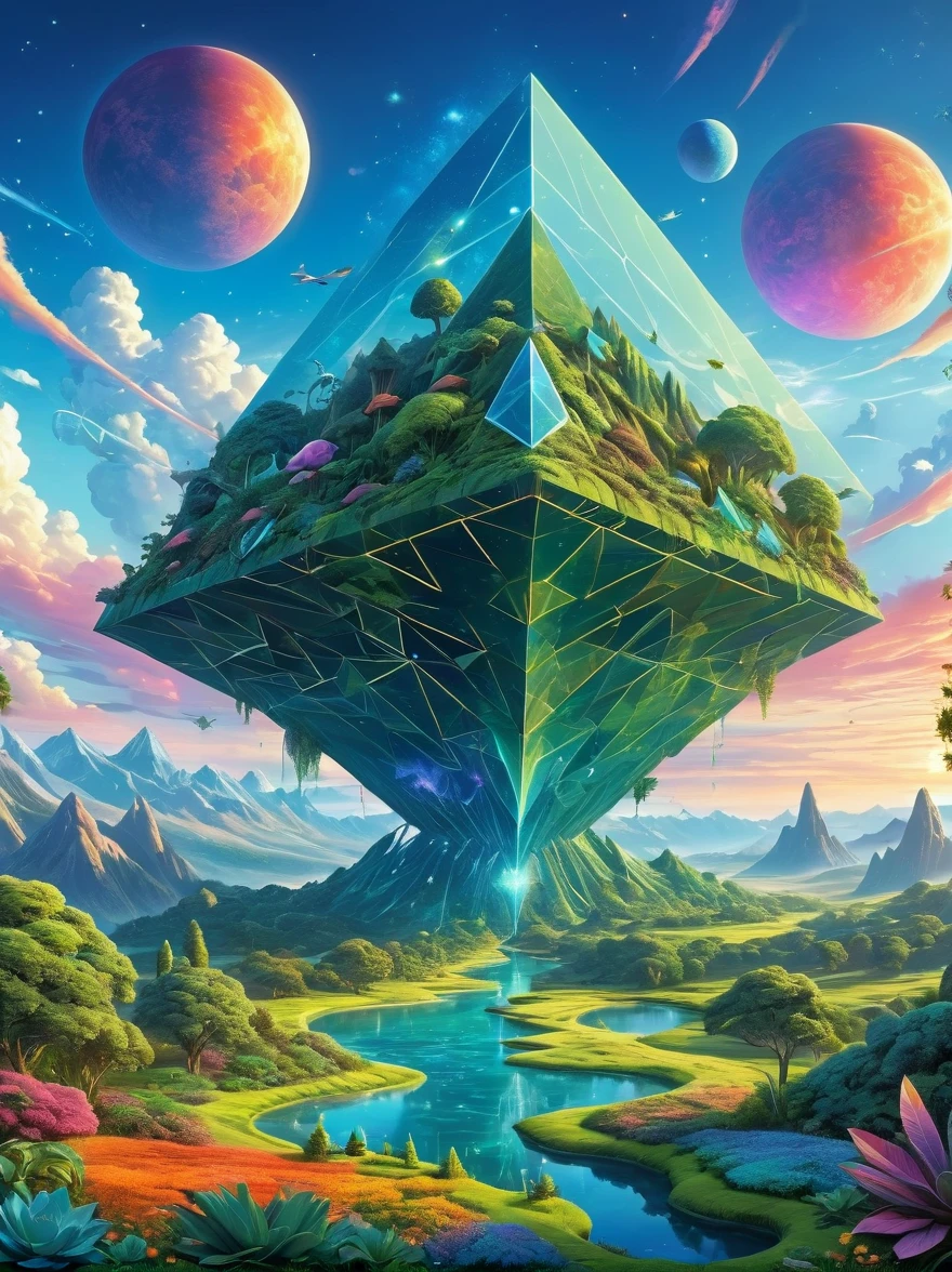 A vast alien Giant Geometric Shape landscape, where plants and creatures are composed of interlocking geometric shapes, suggesting a reality governed by different mathematical principles. The sky is brilliantly colored