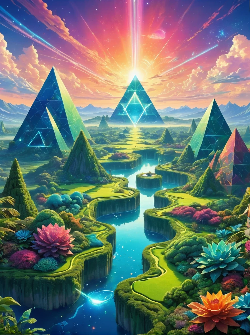 A vast alien Giant Geometric Shape landscape, where plants and creatures are composed of interlocking geometric shapes, suggesting a reality governed by different mathematical principles. The sky is brilliantly colored