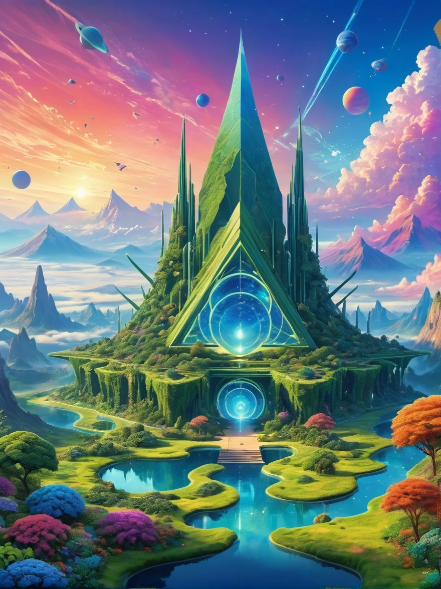 A vast alien Giant Geometric Shape landscape, where plants and creatures are composed of interlocking geometric shapes, suggesting a reality governed by different mathematical principles. The sky is brilliantly colored